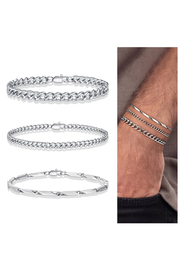 Dainty Stackable Bracelet for Men 14k White Gold Plated Trendy Chunky Stackable Stainless Steel Simple Bar Cuban Link Chain Set Anniversary Birthday Gifts for Mens Dad