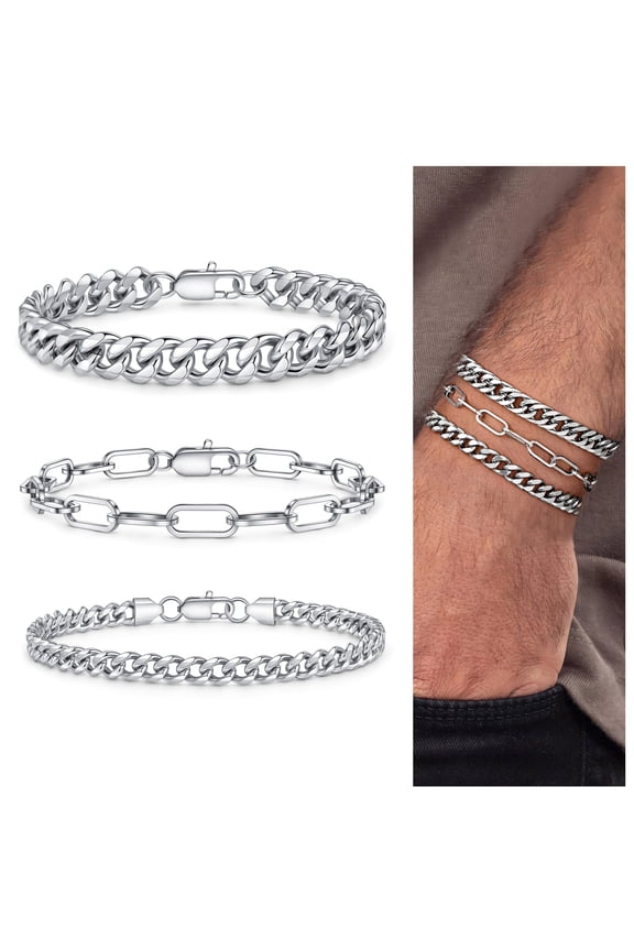 Dainty Stackable Bracelet for Men 14k White Gold Plated Trendy Chunky Stackable Stainless Steel Simple Bar Cuban Link Chain Set Anniversary Birthday Gifts for Mens Dad