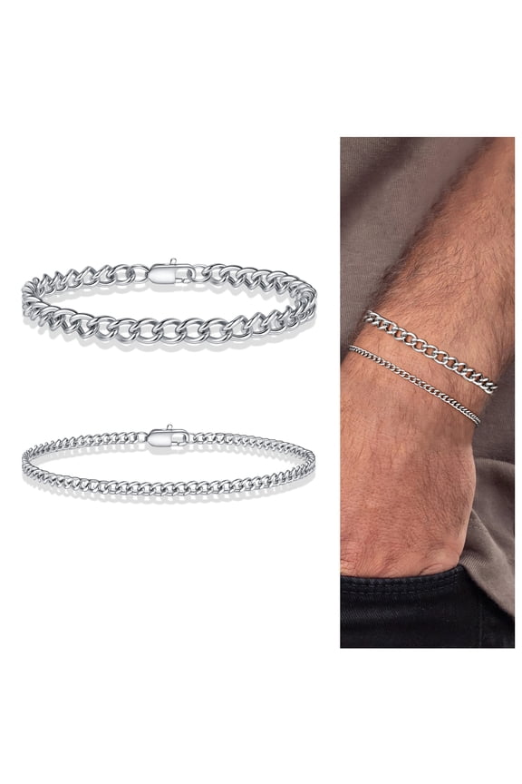 Dainty Stackable Bracelet for Men 14k White Gold Plated Trendy Chunky Stackable Stainless Steel Simple Bar Cuban Link Chain Set Anniversary Birthday Gifts for Mens Dad