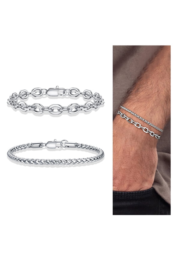 Dainty Stackable Bracelet for Men 14k White Gold Plated Trendy Chunky Stackable Stainless Steel Simple Bar Cuban Link Chain Set Anniversary Birthday Gifts for Mens Dad
