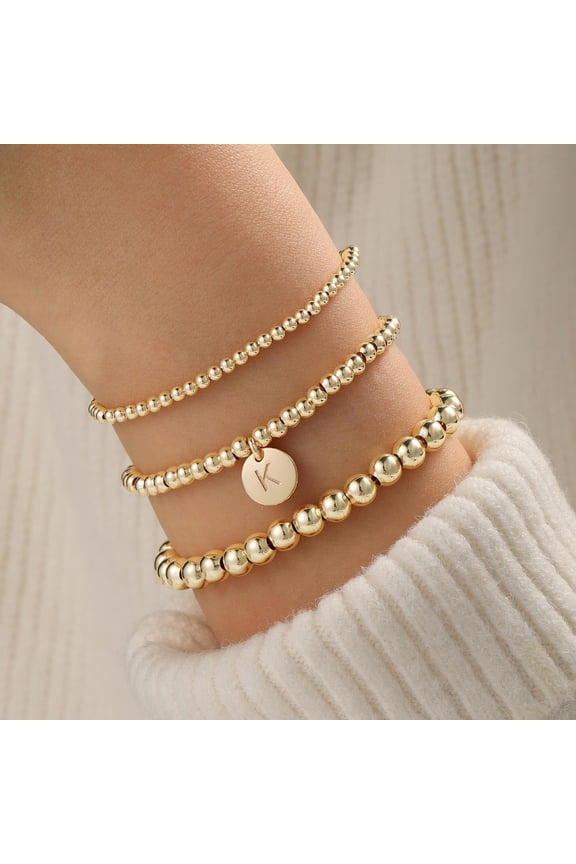 Dainty Stackable Gold Beaded Bracelet, Initial Charm, 14K Gold Plated Stainless Steel