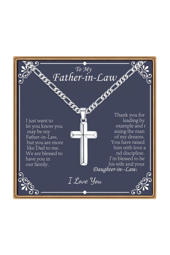 Father In Law Gifts from DaughterFather In Law Birthday Gift from Son Daughter Silver Cross Necklace for Men