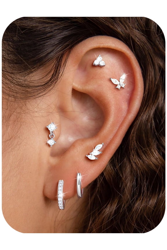 Flat Back Stud Earrings Stacks for Women Hypoallergenic 14K Gold Plated Surgical Steel Cartilage Helix Butterfly Earring Set for Sensitive Ears Tragus Piercing Jewelry Gifts