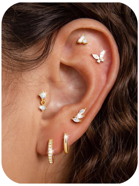Flat Back Stud Earrings Stacks for Women Hypoallergenic 14K Gold Plated Surgical Steel Cartilage Helix Butterfly Earring Set for Sensitive Ears Tragus Piercing Jewelry Gifts
