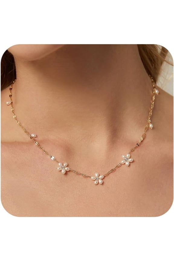 Flower Cultivate Pearl Necklace for Women Dainty 14K Gold Plated Daisy Pearl Necklace Summer Necklace Simple Bride Bridesmaid Gifts Wedding Birthday Gifts Fashion Jewelry Trend for Women