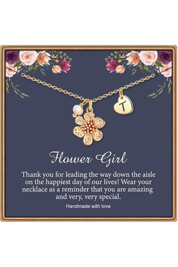 Flower Girl Gifts Heart Initial Pearl T Necklace Flower Girl Proposal Dainty Letter Necklace Gifts from Bride Bridesmaid Wedding Gift for Flowers Girls