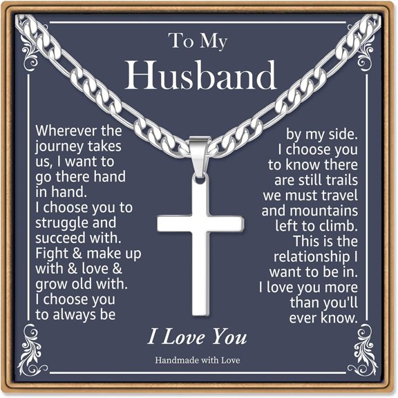 Turandoss Gifts for HusbandCross Necklace Silver Figaro Chain Cross Necklace for Men Husband Gifts Mothers Day Christian Jewelry Gift for Him Anniversary Birthday Gift for Man Husband Him from Wife