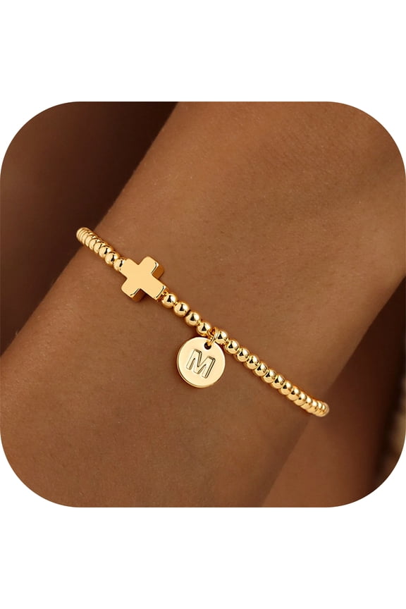 Gifts for Women Baptism Gifts for Women Gold Cross Initial M Disc Bracelets Personalized Communion Gift Ideas Letter M Bracelet Womens Gold Jewelry