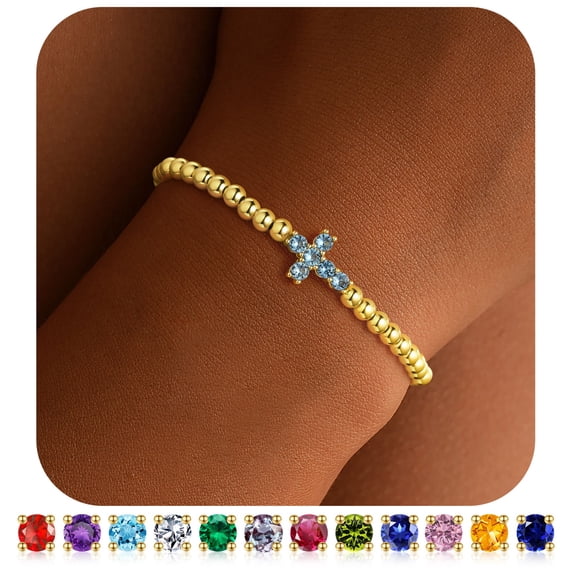 Turandoss Girlfriend Sister Gifts Birthday Gifts for Girlfriend Her Personalized 14K Gold Plated Cross Charm Created Aquamarine March Birthstone Beads Bracelet for Women Jewelry