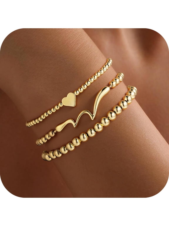 Gold Bracelets for Women 14K Gold Plated Wave Beaded Bracelets Stackable Heart Bead Bracelet Set Dainty Wave Charm Bracelet Sets Personalized Gifts for Women Jewelry Gifts