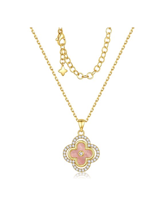 Gold Clover Necklaces for Women Dainty 14K Gold Plated CZ Pendant Necklaces Pink Four Leaf Clover Pendant Necklace Lucky Pink Charm Necklace Lucky Birthday Gifts for Women