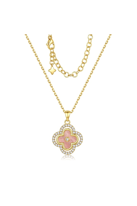Gold Clover Necklaces for Women Dainty 14K Gold Plated CZ Pendant Necklaces Pink Four Leaf Clover Pendant Necklace Lucky Pink Charm Necklace Lucky Birthday Gifts for Women