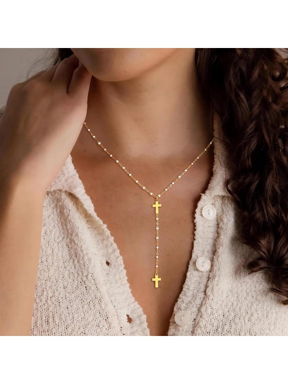 Gold Cross Necklace for WomenDainty 14K Gold Plated Y-Shaped Cross Necklace Long Lariat Necklaces for Women Drop Necklaces Jewelry for Womens Her Gifts