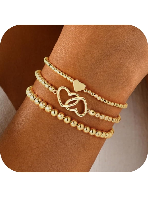 Gold Heart Bracelets for Women Trendy Dainty 14K Gold Plated Beaded Bracelets for Women Interlock Bead Bracelet Set Double Heart Charm Bracelet Jewelry Gifts for Her