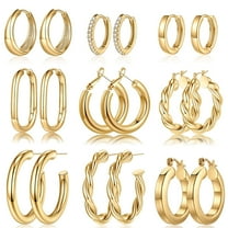 Turandoss Gold Hoop Earrings, 925 Sterling Silver Post, 14K Gold Plated, 9 Pack