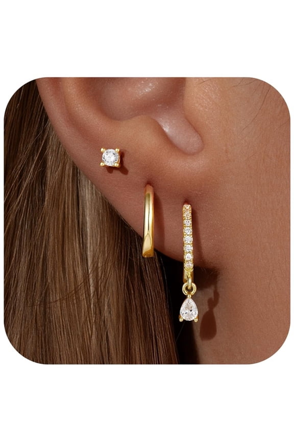 Gold Hoop Earrings for Women Trendy 14K Gold Plated Hypoallergenic CZ Stud Earrings Dainty Dangle Huggie Cubic Zirconia Earring Stacks for Women Hoops Earring Set for Multiple Piercing