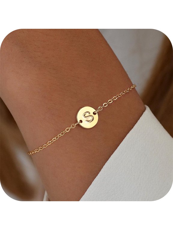 Gold Initial Bracelet for Women 18K Gold Plated Initial T Personalized Letter Bracelet for Women Dainty Coin Disc Link Charm Bracelet Womens Jewelry Birthday Wedding Gift for Women Girls