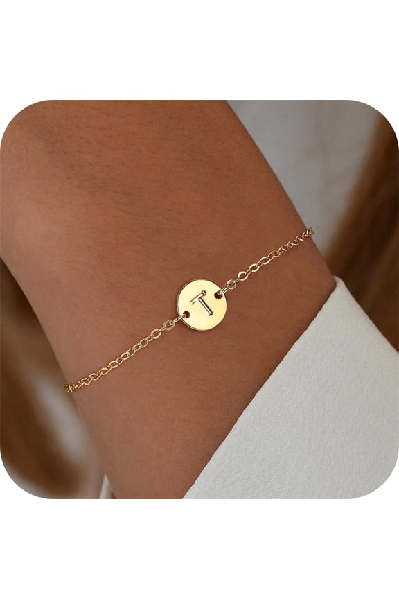 Gold Initial Bracelet for Women 18K Gold Plated Initial T Personalized Letter Bracelet for Women Dainty Coin Disc Link Charm Bracelet Womens Jewelry Birthday Wedding Gift for Women Girls