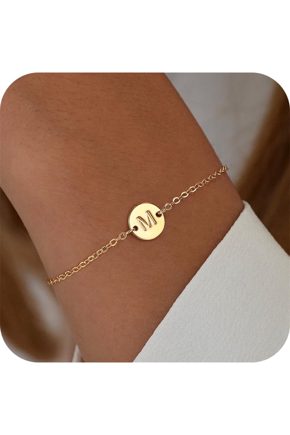 Gold Initial Bracelet for Women 18K Gold Plated Initial T Personalized Letter Bracelet for Women Dainty Coin Disc Link Charm Bracelet Womens Jewelry Birthday Wedding Gift for Women Girls