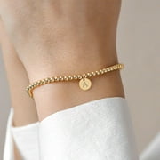 Turandoss Gold Initial Bracelet for Women, Dainty 14K Gold Plated Letter A-Z Charm Disc Bracelet for Women Trendy, Gold Jewelry Beaded Bracelet Gifts