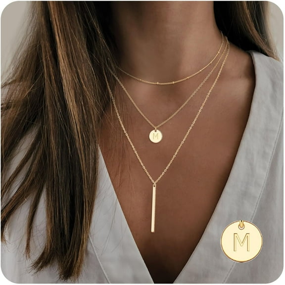 IEFSHINY Gold Initial Layered Necklaces for Women Stacking Coin Necklace Multi Bar Layering Choker Necklaces Jewelry for Women
