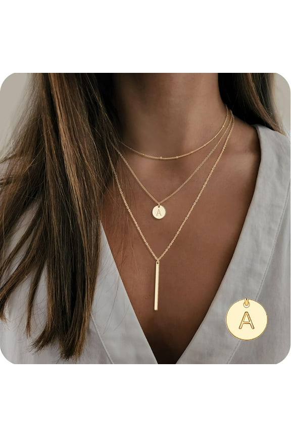 Gold Initial Layered Necklaces for Women Stacking Coin Necklace Multi Bar Layering Choker Necklaces Jewelry for Women