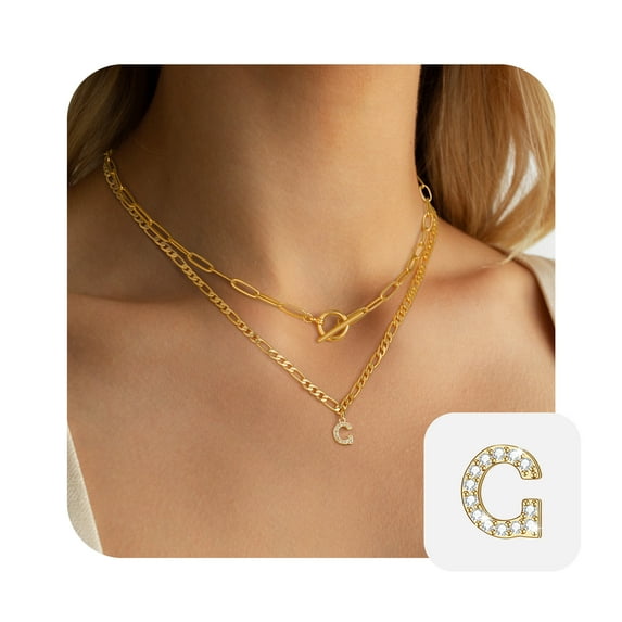 Turandoss Gold Initial Necklaces for Women, 14K Gold Layered Letter Paperclip Chain Necklace for Women, Dainty Gold Layering CZ OT Clasp Necklace for Women