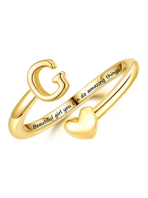 Gold Initial Ring 14K Gold Plated Letter G Heart Ring Personalized Adjustable Band Rings Cute Stuff Birthday Graduation Gifts for Friend Female Personalized Jewelry Gifts