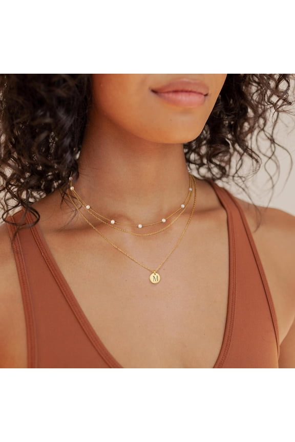 Gold Layered Initial Necklace, 14K Gold Plated Gold Initial Pearl Choker, Gold Jewelry for Women