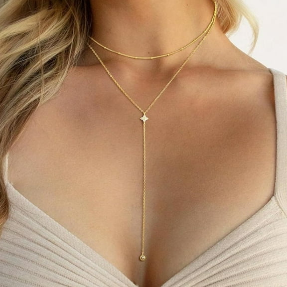Turandoss Gold Layered Necklaces for WomenDainty 14K Gold Plated Y-Shaped Lariat Necklace Cubic Zirconia Clover Drop Necklace Long Layered Lariat Necklaces for Women Jewelry Gifts