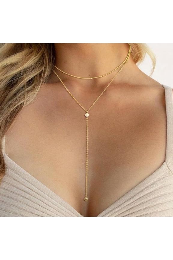 Gold Layered Necklaces for WomenDainty 14K Gold Plated Y-Shaped Lariat Necklace Cubic Zirconia Clover Drop Necklace Long Layered Lariat Necklaces for Women Jewelry Gifts