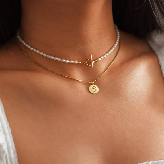 IEFSHINY Gold Layered Pearl Initial Necklace for Women, Dainty Gold Initial Choker Necklaces for Women