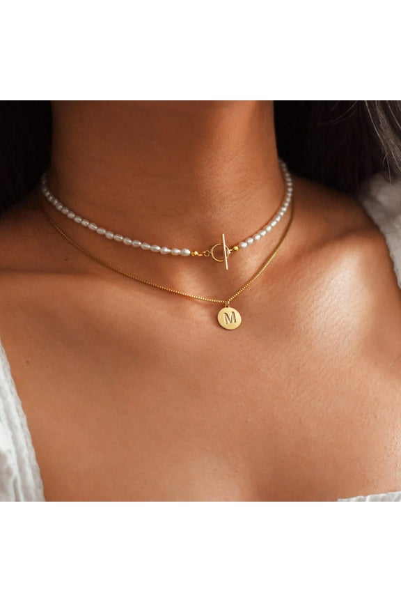 Gold Layered Pearl Initial Necklace for Women, Dainty Gold Initial Choker Necklaces for Women
