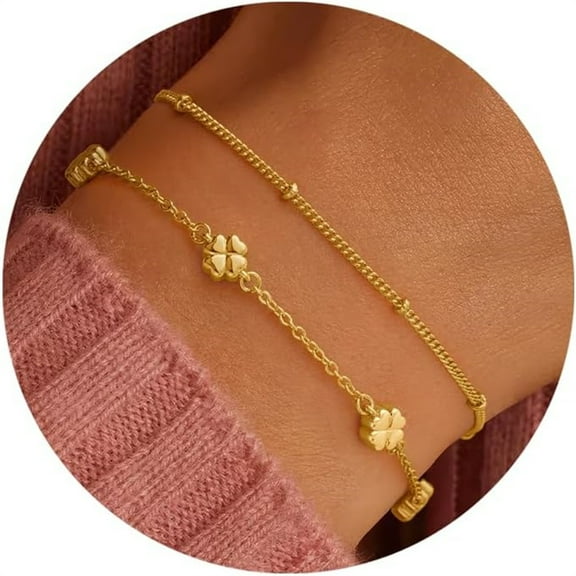 Turandoss Gold Plated Bracelets for Women Dainty 14K Gold Plated Fashion Clover Double Layered Bracelet Stackable Bracelet Set Birthday Gift for Wife Mom Jewelry Fashion