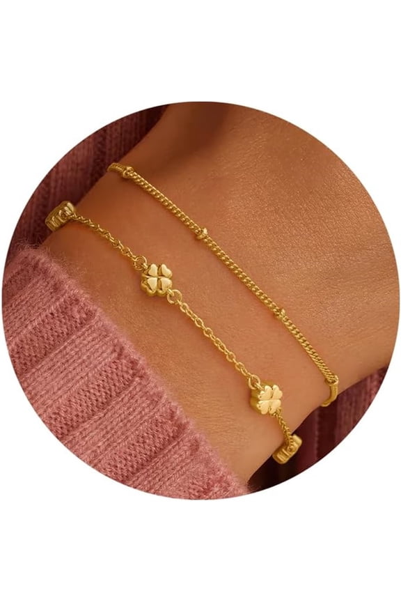 Gold Plated Bracelets for Women Dainty 14K Gold Plated Fashion Clover Double Layered Bracelet Stackable Bracelet Set Birthday Gift for Wife Mom Jewelry Fashion