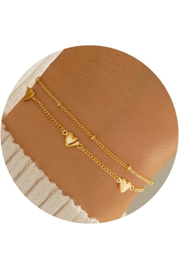 Gold Plated Bracelets for Women Dainty 14K Gold Plated Multi-Layer Chunky Heart Bracelet Double Layered Bracelet Stackable,Birthday Gift for Wife Mom Hypoallergenic Jewelry Fashion