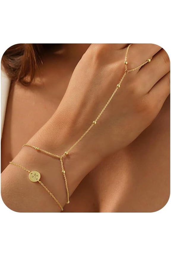 Gold Plated Bracelets for Women Trendy 14K Gold Plated Dainty Stack Disc Initial K Hand Chain Bracelet Set Hand Jewelry Birthday Gifts for Women