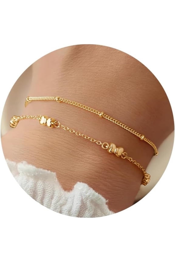 Gold Plated Chunky Bow Bracelets for Women Dainty Cute 14K Gold Butterfly Bracelet Double Layered Bracelet Stackable Bracelet Set Birthday Gift for Wife Mom Non Tarnish Jewelry Fashion