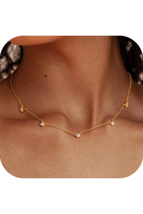 Gold Plated Necklace for Women Dainty Station Choker Cubic Zirconia 14K Gold Plated Cute Station Trendy Prom Jewelry Gifts Fashion Accessories for Women Girl