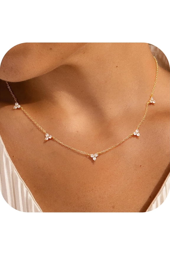 Gold Plated Necklace for Women Dainty Station Clover Choker Necklace 14K Gold Plated Cubic Zirconia Cute Station Trendy Prom Jewelry Gifts for Women Girl