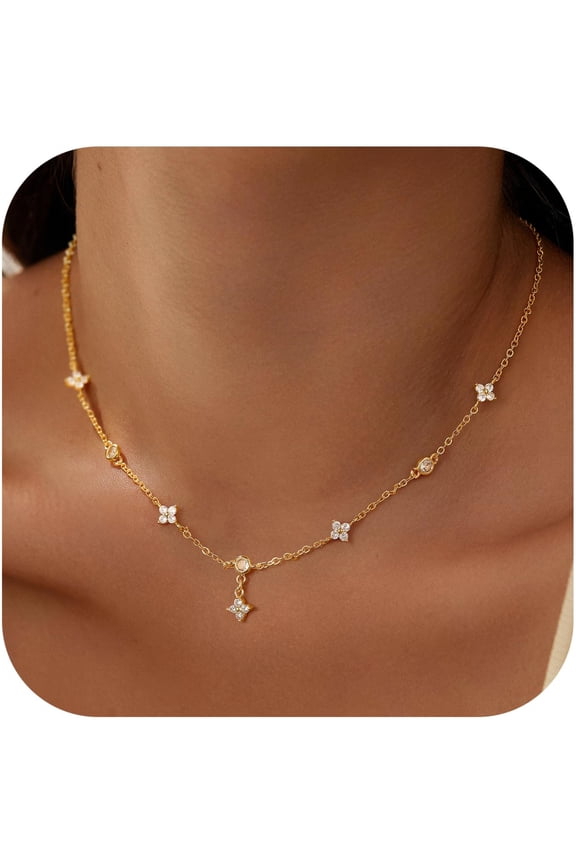 Gold Plated Necklace for Women Girls Dainty 14K Gold Plated Simple Choker Clover Cubic Zirconia Station Necklaces Valentines Day Birthday Gifts Trendy Prom Jewelry Gifts for Women Teen Girl