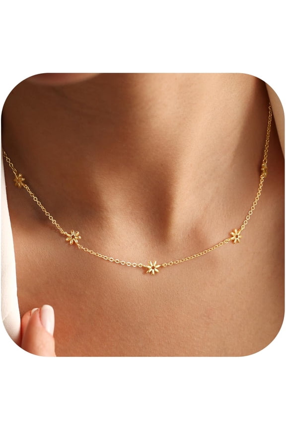 Gold Plated Necklace for Women Girls Dainty Daisy Sunflower Station Choker Simple Necklace 14K Gold Plated Station Trendy Prom Summer Jewelry for Women Teen Girl Gifts for Women Her