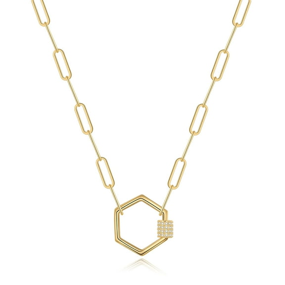 Turandoss Gold Plated Paperclip Chain Necklace for Women 14K Gold Plated Hexagon Pendant Paperclip Chain Cz Oval Screw Clasp Hexagon Pendant Necklaces Gold Paperclip Link Chain for Women Jewelry