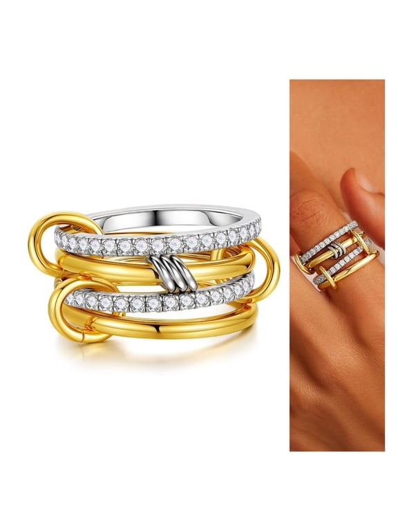 Gold Plated Stackable Rings for Women, 14K Gold Plated dainty Interlocked Statement Silver Gold Mixed Metal Ring Cubic Zirconia Band Ring for Women Teen Girls Jewelry Gifts