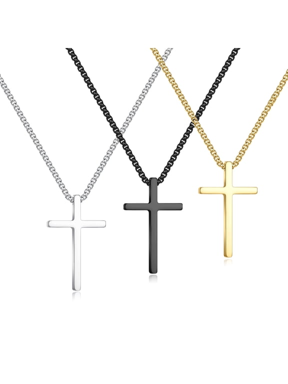 Gold Silver Black Cross Necklaces for Men Boys 3Pcs Stainless Steel Pendant 16-24 inches Chain Jewelry Set Christian Religious Birthday Fathers Day Gifts for Men Husband Dad Son