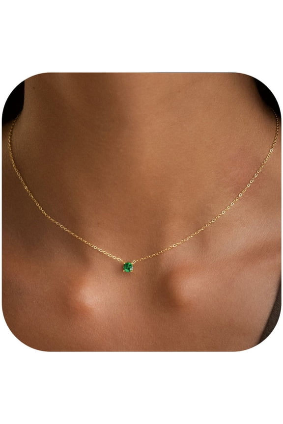 Green Birthstone Necklace for Women Trendy Dainty 14K Gold Plated Created Round Green Emerald Birthstone Pendant Necklace Personalized Jewelry Birthday Gifts for Women Girls
