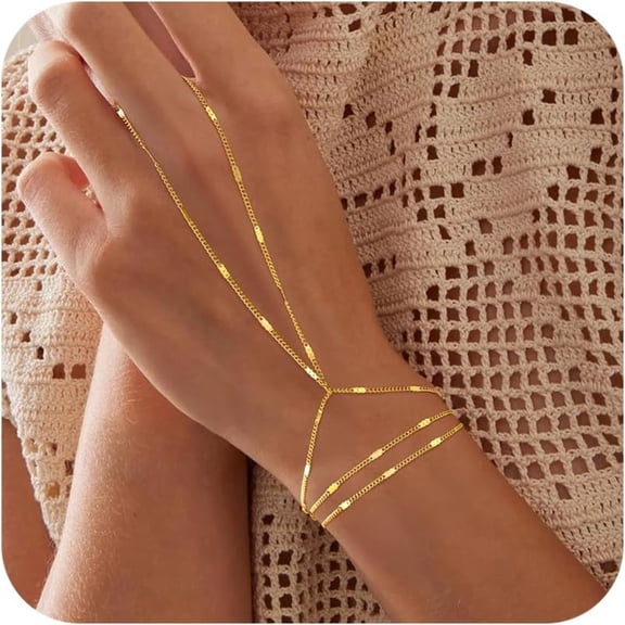 Turandoss Hand Chain Bracelet for Women Dainty 14K-Gold-Plated Finger Hand Chains Trendy Stackable Link Bracelets Layered Jewelry for Women Accessories