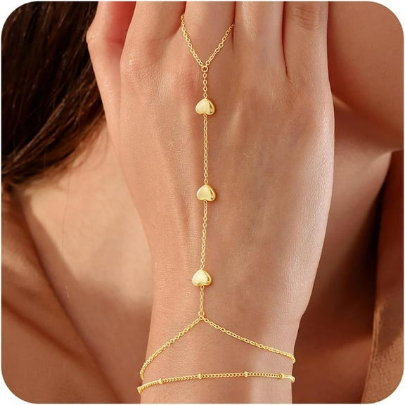Turandoss Hand Chain Bracelet for Women Dainty 14K-Gold-Plated Ring Bracelet Hand Chains Tiny Puffy Heart Finger Bracelets Ring Hands Chain Jewelry Gift for Women