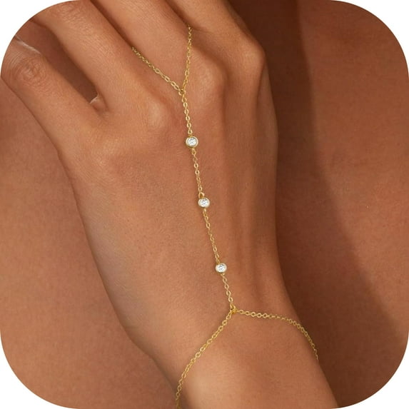 Turandoss Hand Chain Bracelets for Women Dainty 14K Gold Plated Cubic Zircon Finger Rings Bracelets Hand Chain Personalized Bracelet for Women Summer Jewelry Accessories Gifts Mothers Day