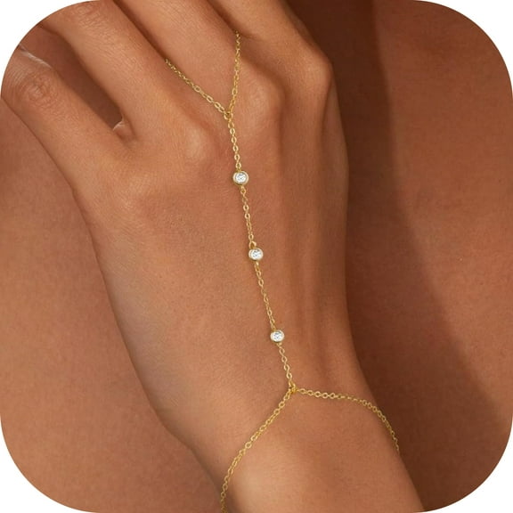 Turandoss Hand Chain Bracelets for Women Dainty 14K Gold Plated Cubic Zircon Finger Rings Bracelets Hand Chain Personalized Bracelet for Women Summer Jewelry Accessories Gifts Valentines Day